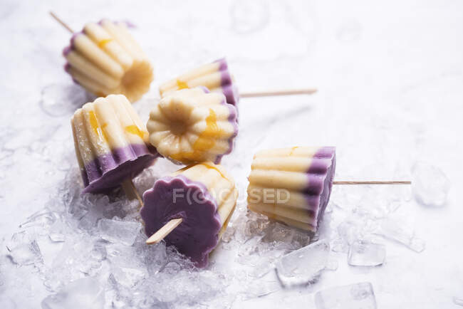 Frozen soya yoghurt on sticks with blueberries, vanilla and mango — Stock Photo
