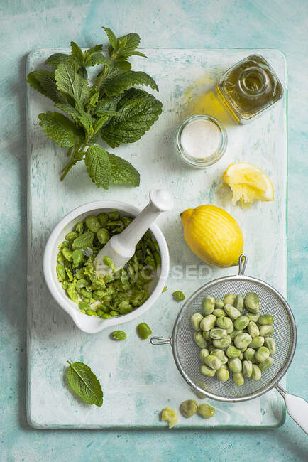 Close-up shot of delicious Ingredients for broad bean pesto — Stock Photo