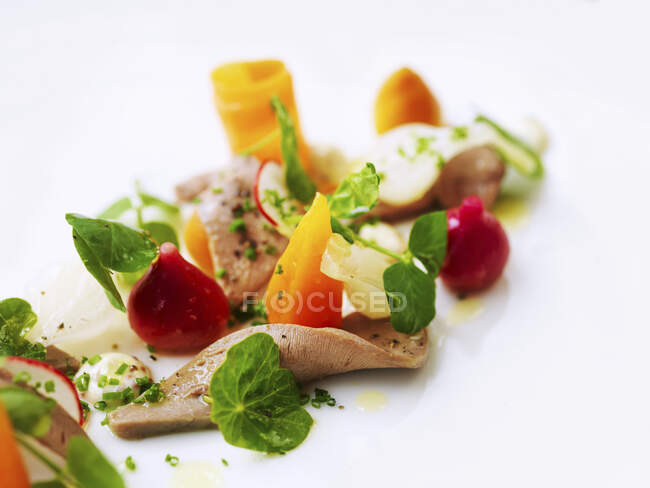 Beef tongue with baby vegetables, radishes and watercress — Stock Photo