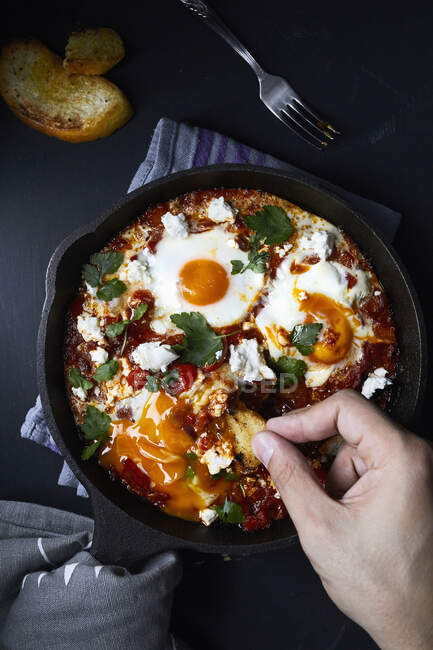 Шакшука с помидорами, перцем, луком и яйцами, приготовленными в чугунной сковороде — стоковое фото