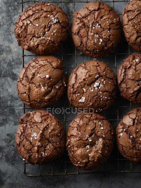 Biscoitos brownie com migalhas de sal no rack de refrigeração — Fotografia de Stock