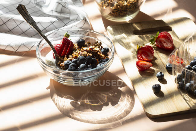 Гранола муслі з йогуртом і ягодами в мисці — стокове фото