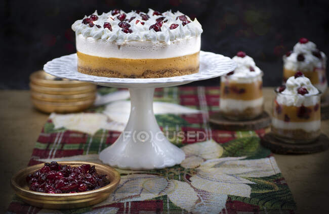 Christmas pumpkin and cranberry mousse and cake — Stock Photo