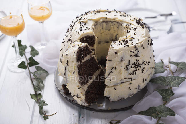 Chocolate Bundt cake with soya vegan eggnog cream — Stock Photo
