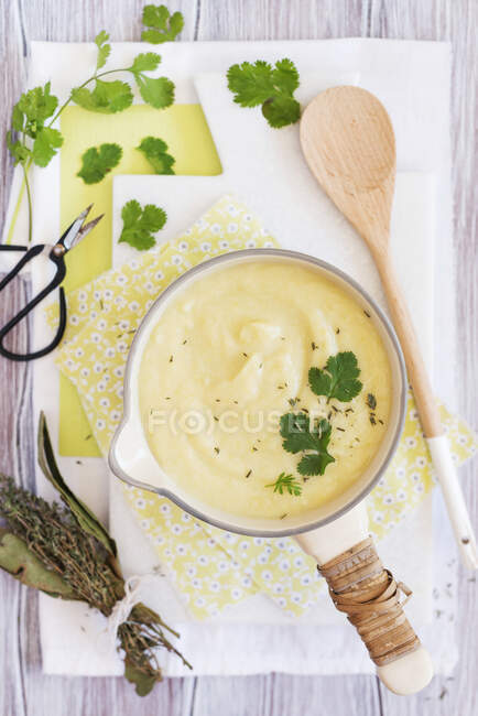 Coliflor y sopa de puerro con hierbas - foto de stock