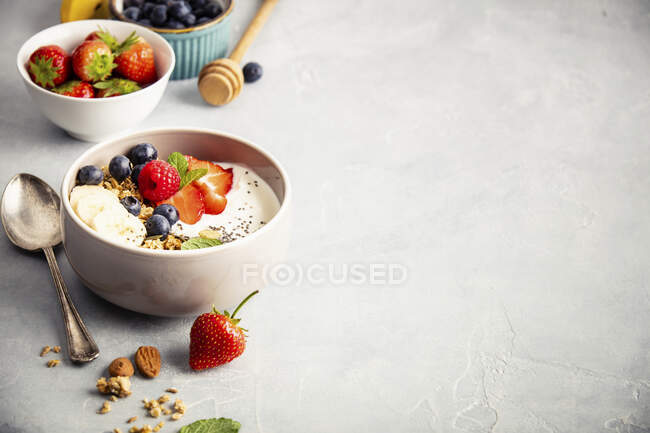 Granola d'avena con bacche fresche, banana, yogurt, semi di chia e foglie di menta — Foto stock