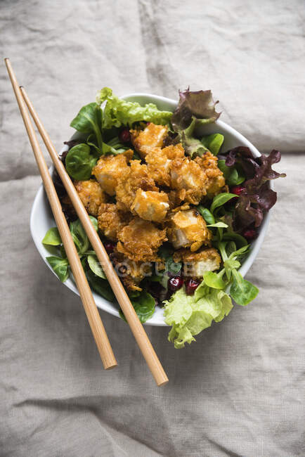 Diced tofu with a spicy cornflake coating on a bed of salad — Stock Photo