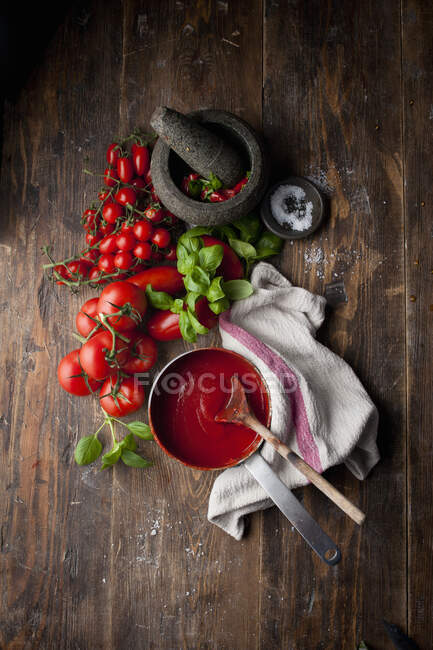 Tomato sauce with ingredients — Stock Photo