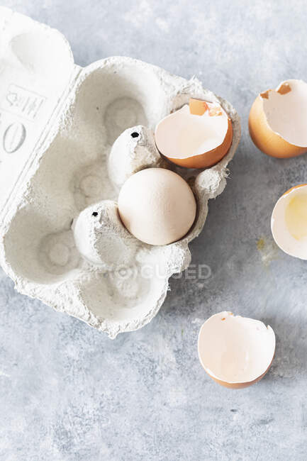 Coquilles et œufs en récipient, vue de dessus — Photo de stock