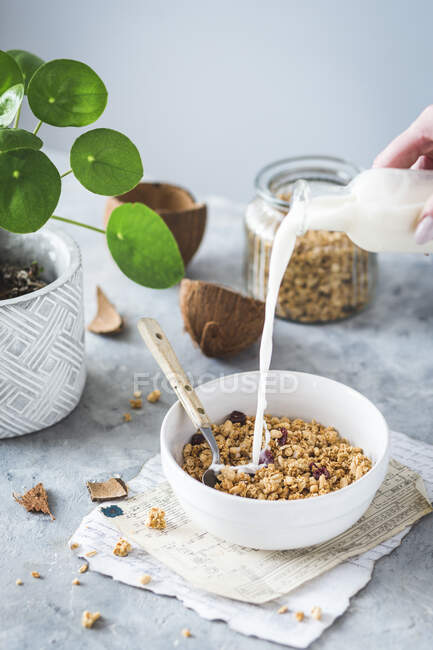 Ручной налив кокосового молока в миску домашней мюсли — стоковое фото