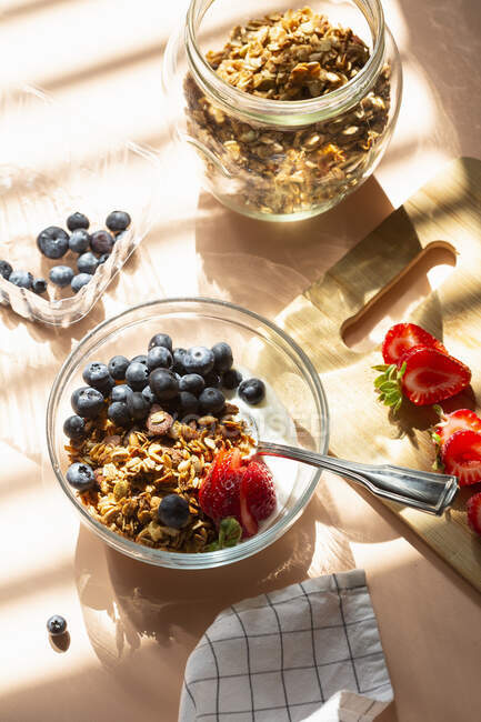 Müsli mit Joghurt und Beeren in Schüssel — Stockfoto