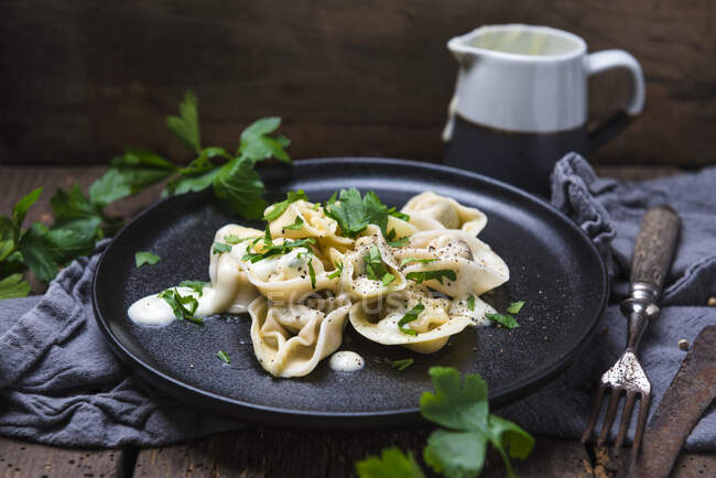 Vegan ravioli with spinach filling on parsnip and cashew sauce — Stock Photo