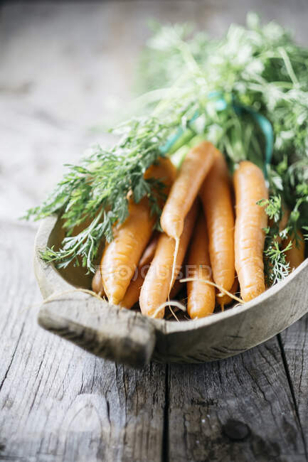 Морковь с зелеными стеблями в деревянной чаше — стоковое фото