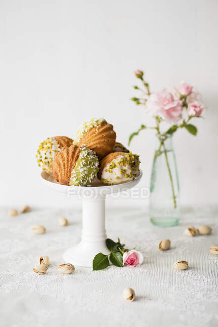 Coconut and pistachio madeleines on ceramic stand — Stock Photo