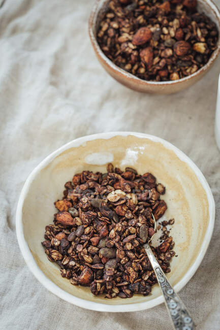 Almonds, cashews, oats, honey, cocoa, coconut oil, pumpkin seeds — Stock Photo