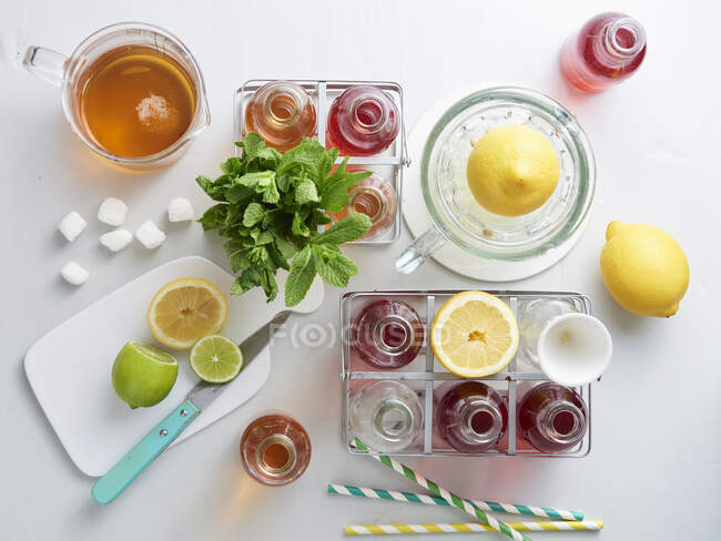 Chá gelado clássico e chá gelado de frutas com ingredientes — Fotografia de Stock