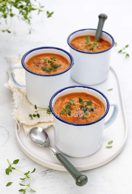 Веганский томатный суп, крупным планом белые миски — стоковое фото