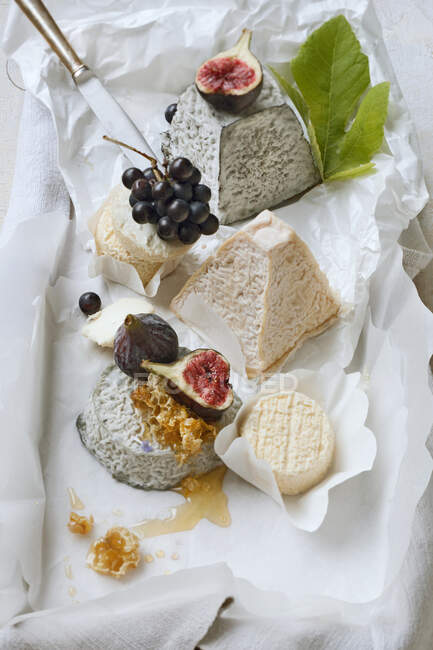 Different goat's cheese with grapes, figs and honey — Stock Photo