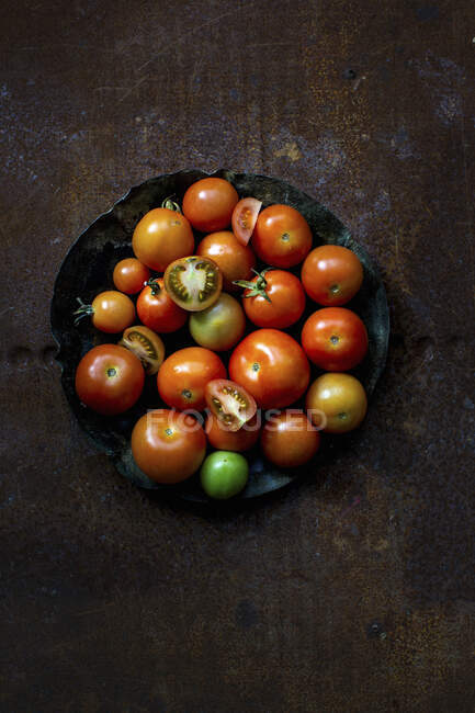 Diverses tomates de jardin dans une assiette — Photo de stock
