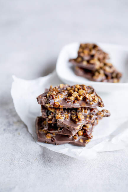 Homemade chocolate bark with hazelnuts — Stock Photo