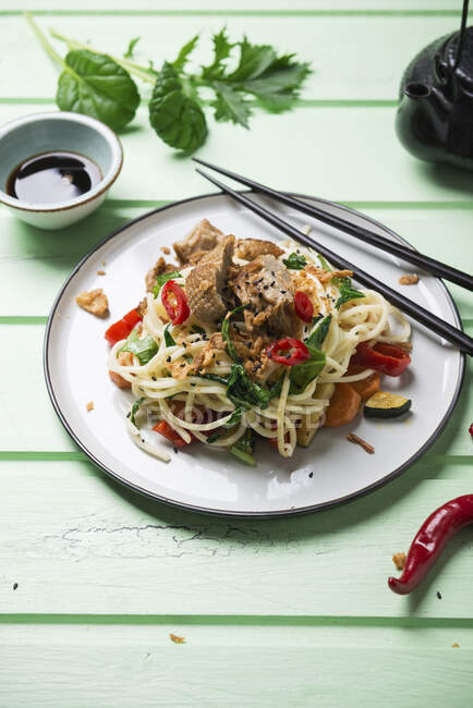 Asian noodles with vegetables, mizuna and misome salad and mock duck — Stock Photo