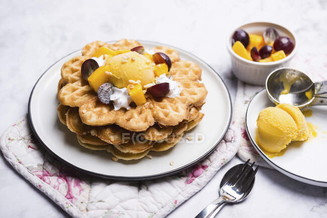Веганские ванильные вафли с манго сорбет, соевый крем и фрукты — стоковое фото