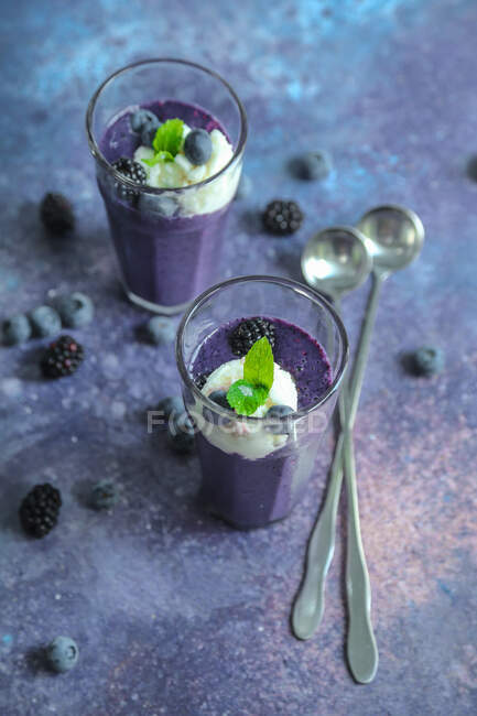 Blackberry-Blaubeer-Smoothie mit Eis und frischer Minze — Stockfoto