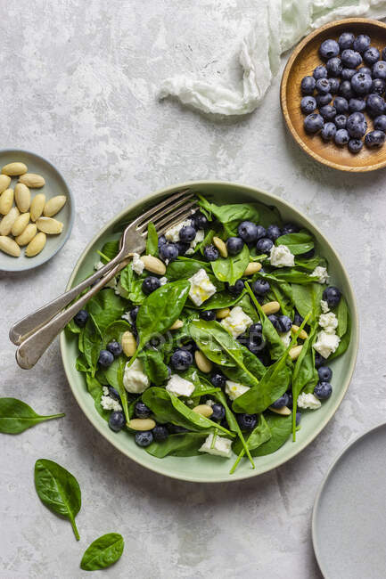 Spinach salad with blueberries, almonds and feta — Stock Photo