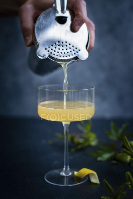 Bartender derramando coquetel em vidro com limão e hortelã — Fotografia de Stock