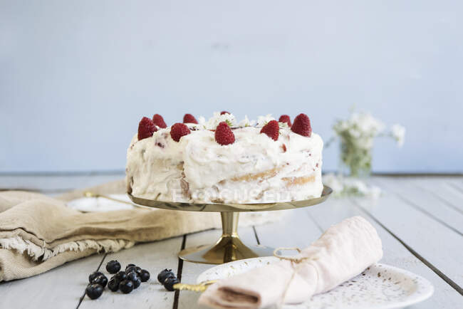Gâteau au gateau aux framboises fraîches et crème — Photo de stock