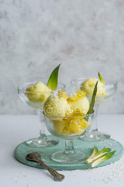 Pineapple and coconut sorbet with fresh pineapple pieces served in stem glasses — Stock Photo