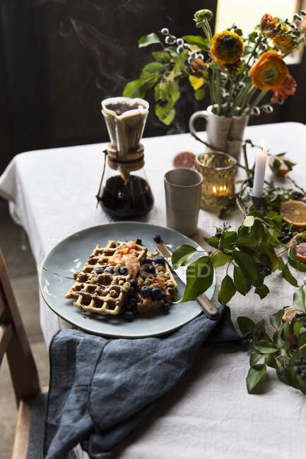 Vegan soy milk waffles with mulberries — Stock Photo