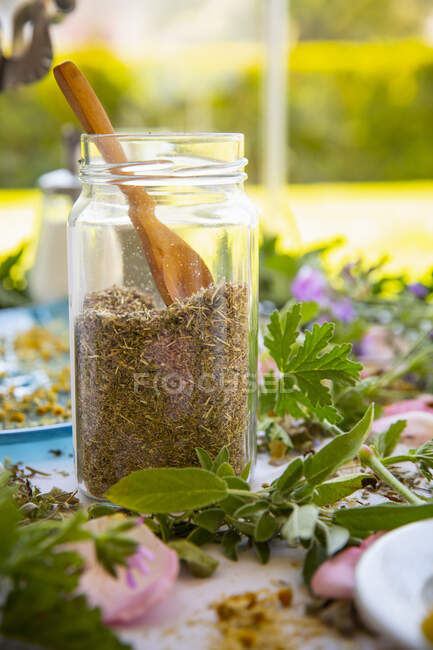 Especias secas caseras y hierbas en frasco y hojas verdes en la mesa - foto de stock