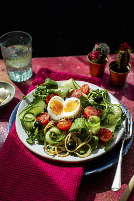 Spaghetti mit concombre frais, tomates et olives — Photo de stock