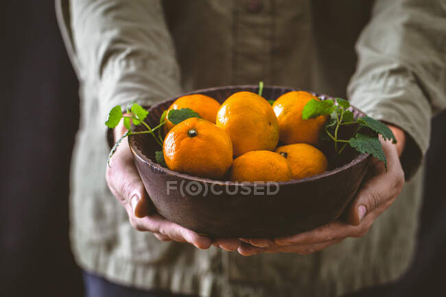 Primer plano de deliciosas manos sosteniendo un tazón de mandarinas - foto de stock