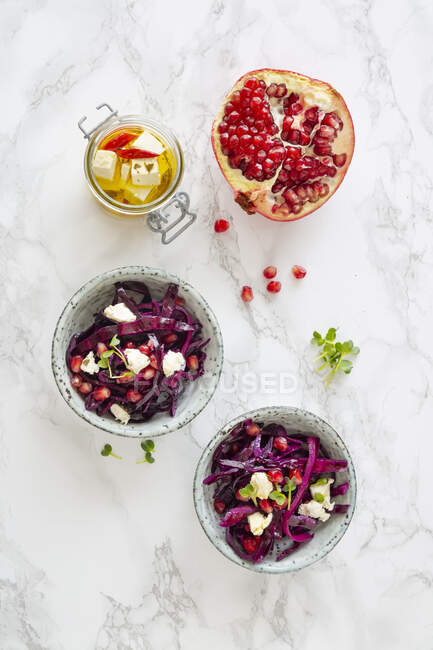 Red cabbage salad with pomegranate and feta — Stock Photo