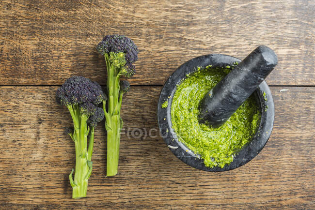 Brokkoli-Pesto im Mörser — Stockfoto