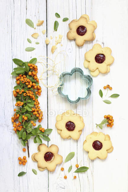 Biscuits flowers with raspberry jam and branch of leaves and berries — Stock Photo