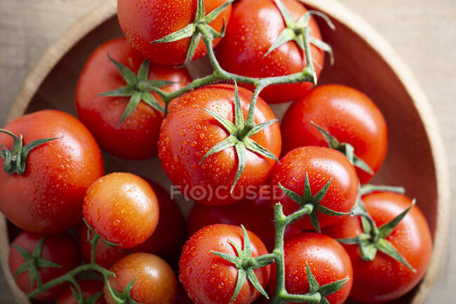 Freshly washed tomatoes in a wooden bowl — Stock Photo