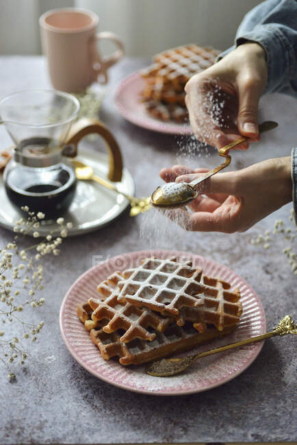 Waffles on a plate crumbling powdered sugar — Stock Photo