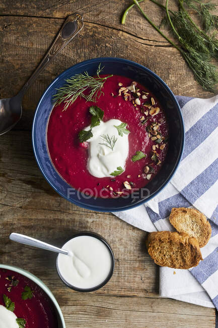 Schüssel Rote-Bete-Suppe mit Kokosmilch und saurer Sahne, garniert mit Petersilie und Dill — Stockfoto