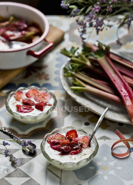 Joghurt mit gebackenen Erdbeeren und Rhabarber — Stockfoto