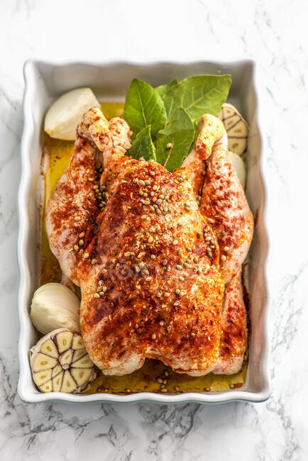 Chicken with smoked paprika, coriander, bay leaves and honey, ready for roasting — Stock Photo