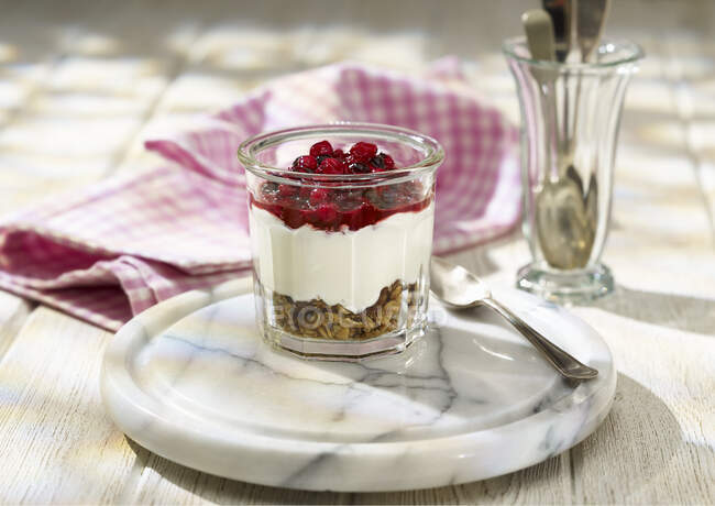 Red Fruit Compote, oats, raisins, sunflower seeds, natural yogurt — Stock Photo