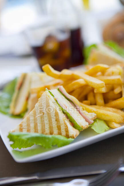Close-up shot of delicious Club sandwich with French fries — Stock Photo