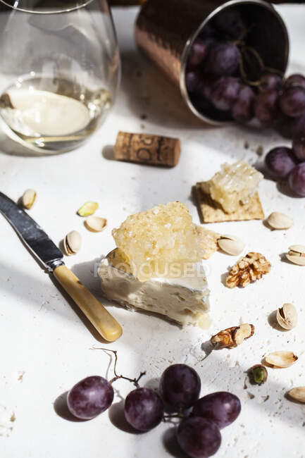 Planche à fromage avec brie garnie de nid d'abeille, craquelins, noix, pistaches, raisins et vin blanc — Photo de stock