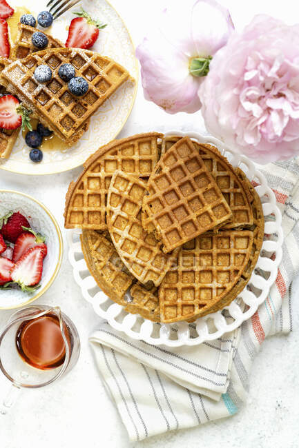 Healthy breakfast waffles, top view — Stock Photo