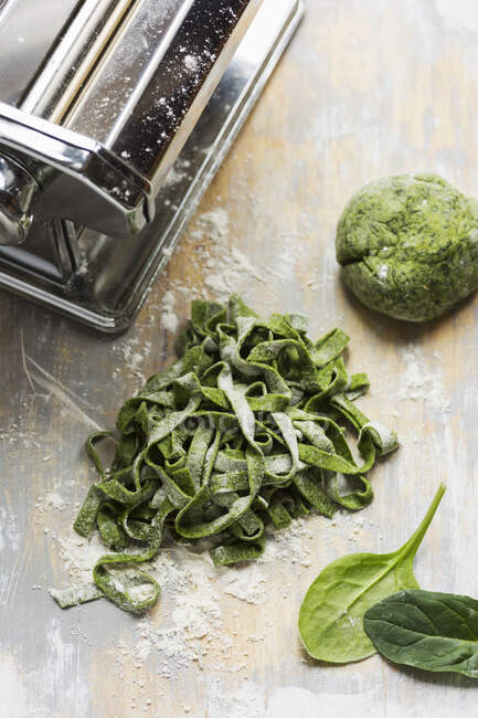 Spinach pasta dough homemade cut into tagliatelle with dough and pasta maker — Stock Photo