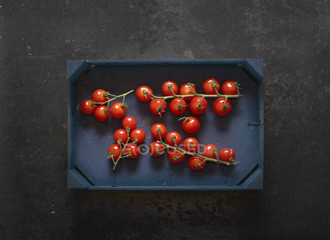 Cherry tomatoes on vines in a wooden crate — Stock Photo
