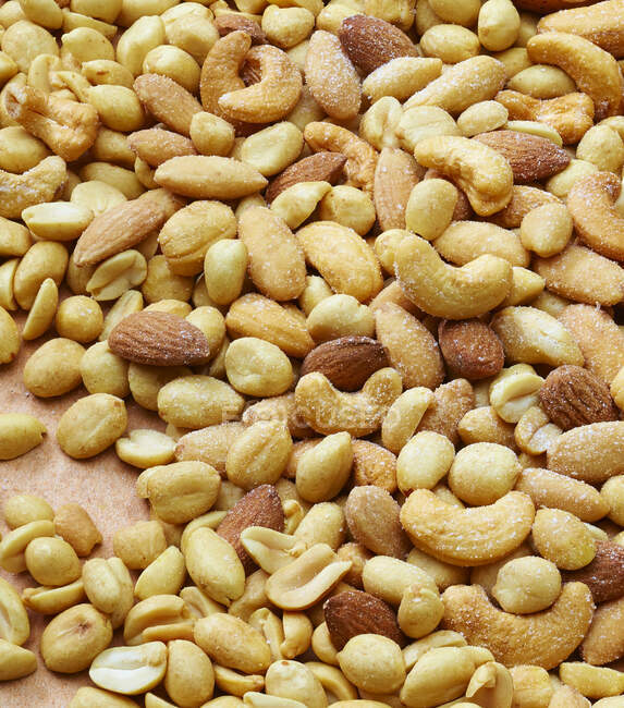 Roasted and salted nuts mix, close up shot — Stock Photo